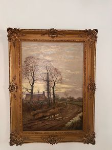 Large French oil painting in antique frame