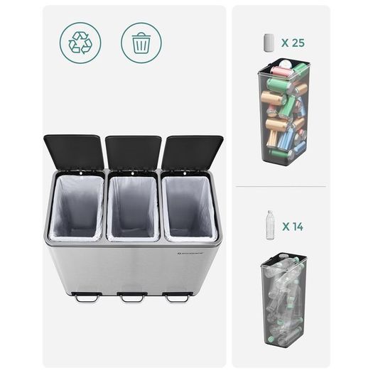 54 litres (3 x 18 L)  trash can, waste separation system, with 3 inner plastic buckets, pedal bin, trash can with foot pedal, made of fingerprint-free stainless steel, with handles (54 liters 3 x 18 L)