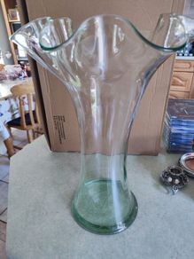 LARGE Vintage Blue/Green Vase With Deep Ruffled Flared Neck