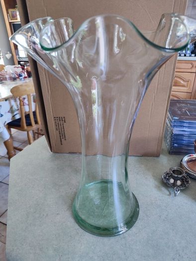 LARGE Vintage Blue/Green Vase With Deep Ruffled Flared Neck