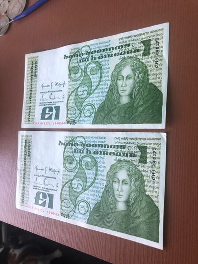 Two irish one pound punt notes