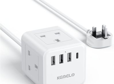 3M Cube Extension Lead with USB, 4 Way (13A/3250W) Plug Extension Socket with 3 USB A & 1 USB C, Child Safety Extension Cord,Black Cube Power Strip for Home Desk Office
