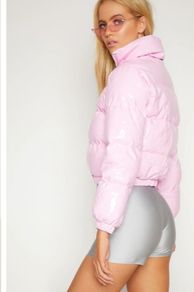 womens pink vinyl puffer jacket