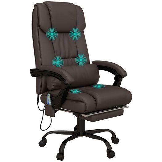 6-Point Massage Office Chair, PU Leather Desk Chair with Adjustable Height and Footrest for Home Office, Brown