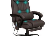 6-Point Massage Office Chair, PU Leather Desk Chair with Adjustable Height and Footrest for Home Office, Brown