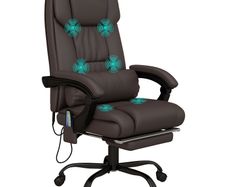 6-Point Massage Office Chair, PU Leather Desk Chair with Adjustable Height and Footrest for Home Office, Brown