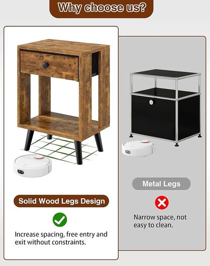Set of 2 Side Tables, Bedside Table, Sofa End Table, with Fabric Drawers and Open Shelf Unit, Solid Wood Legs, Nightstand, for Bedroom, Living Room, Rustic Brown