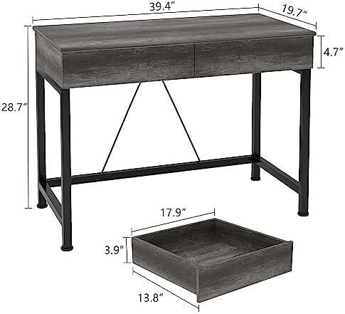 Computer Desk with Drawers Made of Wood and Metal Grey Oak