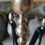 Antique Fire dogs and 4 piece fire set solid brass tops and steel Image 2