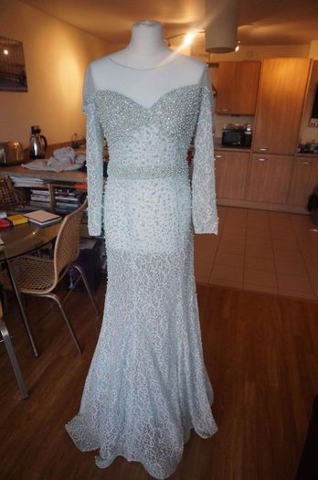 Debs dress - Embellished pearl & diamond cocktail evening maxi dress w train size 10/12 Mint Green