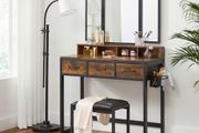 Dressing table with 3-piece folding mirror and stool dressing table, dressing table with 3-piece folding mirror, hairdryer holder, cosmetic table with upholstered stool, 3 drawers, industrial design, vintage brown-black