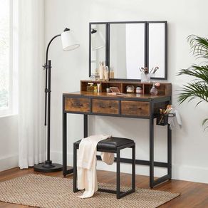 Dressing table with 3-piece folding mirror and stool dressing table, dressing table with 3-piece folding mirror, hairdryer holder, cosmetic table with upholstered stool, 3 drawers, industrial design, vintage brown-black