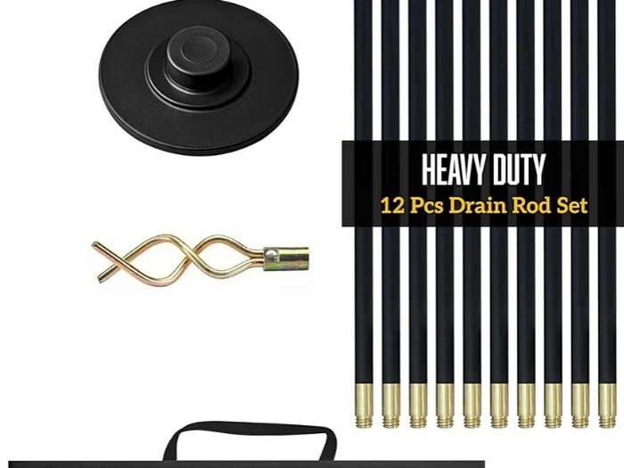 Drain Rods Set, Drainage Rods for Outside Drain Flexible, 12 Pcs / 9.2M Drain Unblocker with Heavy Duty Rubber Plunger & Double Worm Screw, Drainage Rods for Drain Cleaning with Carry Bag