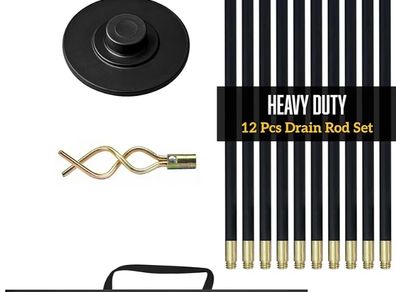Drain Rods Set, Drainage Rods for Outside Drain Flexible, 12 Pcs / 9.2M Drain Unblocker with Heavy Duty Rubber Plunger & Double Worm Screw, Drainage Rods for Drain Cleaning with Carry Bag