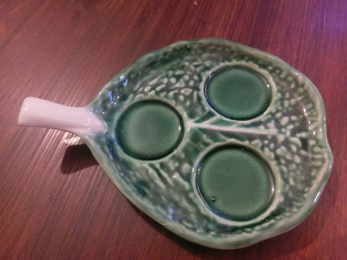 Vintage pottery salt, pepper,mustand set.