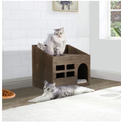 BRAND NEW Durable Wooden Cat Cave Bed Furniture Kitten Sleep Lounge House Bed with Cushion Pad Litter Box for Indoor Cats