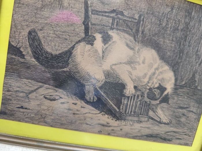Antique Vintage Original Art Playful Kitty