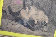 Antique Vintage Original Art Playful Kitty