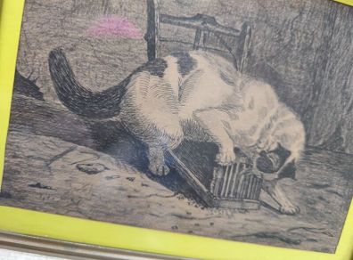 Antique Vintage Original Art Playful Kitty