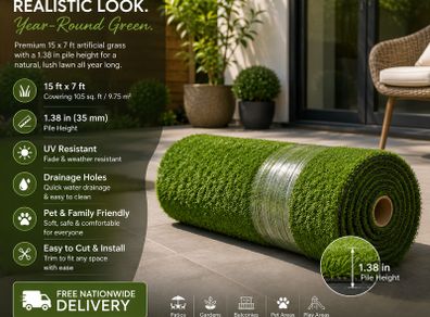 Artificial Grass 15 x 7 ft 35 mm Premium Fake Grass Lawn Roll UV Resistant Synthetic Turf for Garden Patio Balcony Pets and Outdoor Areas