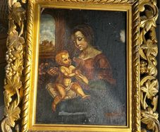 Antique Hand Painted Madonna & Child with Ornate Giltwood Frame (Bergazzi & Sons, Dublin)