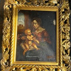 Antique Hand Painted Madonna & Child with Ornate Giltwood Frame (Bergazzi & Sons, Dublin)