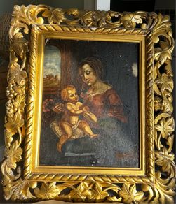 Antique Hand Painted Madonna & Child with Ornate Giltwood Frame (Bergazzi & Sons, Dublin)