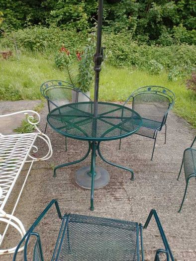 Metal Garden Furniture Set - Table, 4 Chairs, Parasol, COMPLEMENTARY Rocking Bench