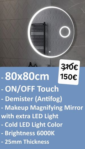 LED Bathroom Mirrors Selection Clock Speakers Bluetooth Demister Antifog Wi-Fi Weather Station Makeup