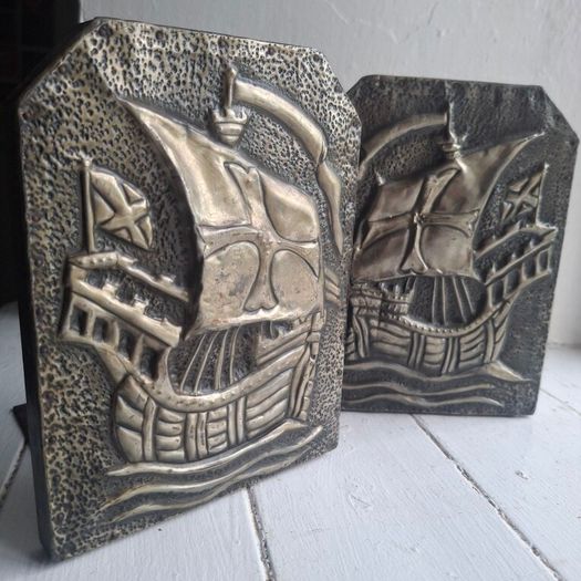 Arts & Crafts Repousse Galleon Ship Bookends