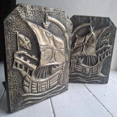 Arts & Crafts Repousse Galleon Ship Bookends