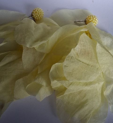 Lemon Yellow Pearl Cluster Stud Glass Inlay Extravagant Chiffon Petal Tassel Earrings