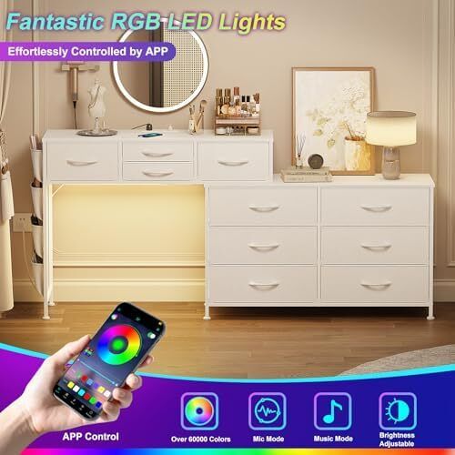 170cm Chest of Drawers with Charging Station and LED Light, Rotatable Dressing Table with 10 Fabric Drawers and Side Pockets, Modern Makeup Vanity Desk Home Office Desks, White