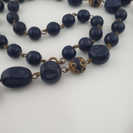 Antique African Style Cobalt Blue Glass & Brass Beads Long Necklace
