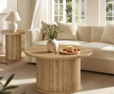 Round Coffee TableTambour Design,Mid-Century Modern Style, Natural Brown