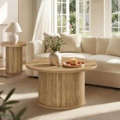 Round Coffee TableTambour Design,Mid-Century Modern Style, Natural Brown