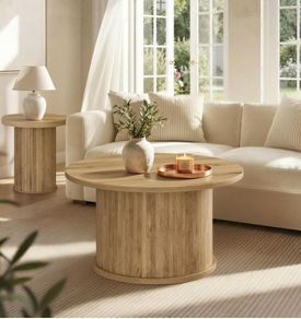 Round Coffee TableTambour Design,Mid-Century Modern Style, Natural Brown