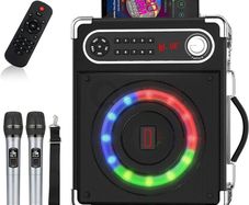 FREE EXPRESS SHIPPING Karaoke Machine with 2 Wireless Microphones, Bluetooth 5.1 Karaoke Speaker Bass/Treble Adjustment, PA System with Remote Control, LED Lights Supports TF Card, AUX, TWS, FM, REC for Party/Adults/Kids