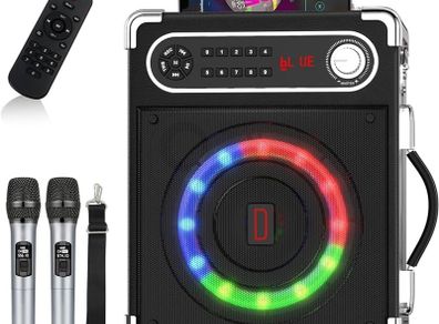 FREE EXPRESS SHIPPING Karaoke Machine with 2 Wireless Microphones, Bluetooth 5.1 Karaoke Speaker Bass/Treble Adjustment, PA System with Remote Control, LED Lights Supports TF Card, AUX, TWS, FM, REC for Party/Adults/Kids