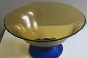 Reduced Vintage large 28cm diameter Centrepiece amber and blue glass pedestal bowl
