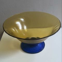 Reduced Vintage large 28cm diameter Centrepiece amber and blue glass pedestal bowl