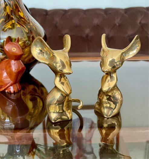 Two Vintage Stylised Big Eared Brass Mouse Figurines Brass Mice Ornaments 1970s