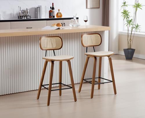 Set of 2 Rattan Bar Stools for Kitchen, Bar Chair, Counter Stool, PU Leather