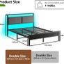 4FT6 Double Bed Frame, Metal Platform Upholstered Bed Frame with Storage Headboard, Heavy Duty Metal Bed Double Size with LED Lights and Charging Station,Mattress Foundation (Black) Image 2