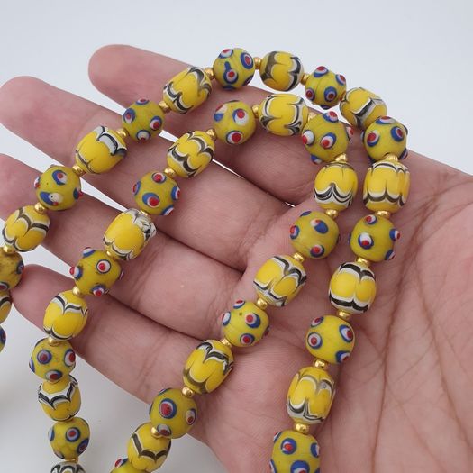 Antique Venetian Style Yellow Skunk & Trade Glass Beads Necklace