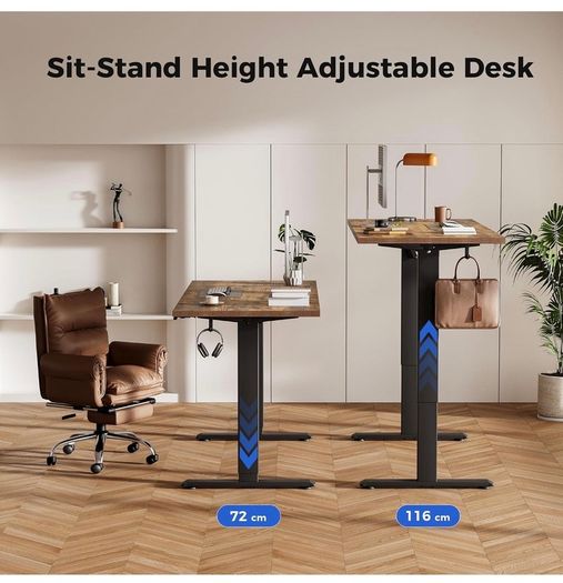 Electric Standing Desk, 120 x 60 cm Height Adjustable Sit Stand Desks with Splice Board and Memory Smart Pannel, Home Office Desk, Brown