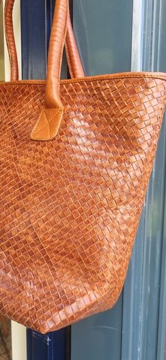 brown leather woven shoulder bag