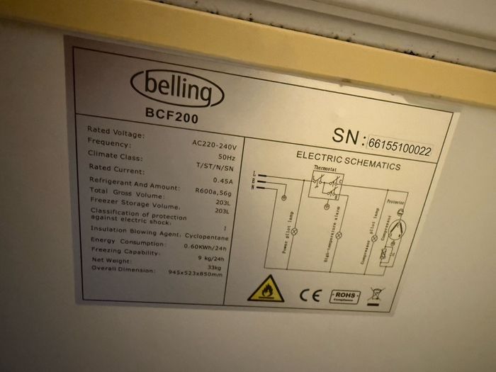 Belling chest freezer 202L