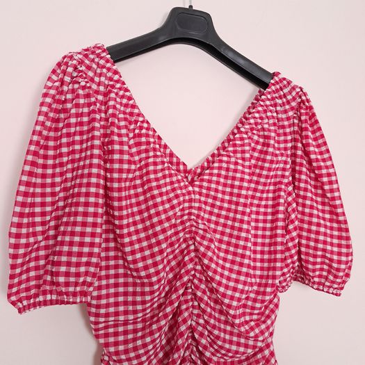 Ganni Red Pink White Gingham Check Ruched Tube Top 20UK/48EU
