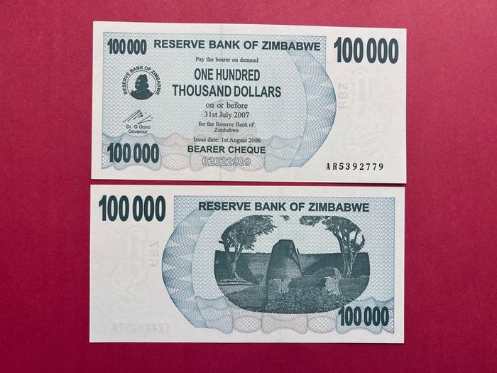 Zimbabwe  One Hundred Thousand  Dollars.  VERIFIED UNDER UV LIGHT .  ( Uncirculated )2006 Pick 48a.